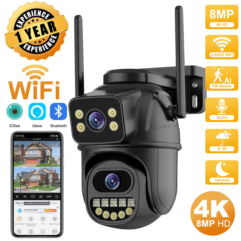 4K 8MP HD WiFi PTZ Camera - Outdoor Dual Lens, AI Auto Tracking, Audio & Video Surveillance